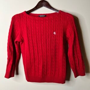 Red Ralph Lauren cable knit sweater boat neck 3/4 sleeve double L